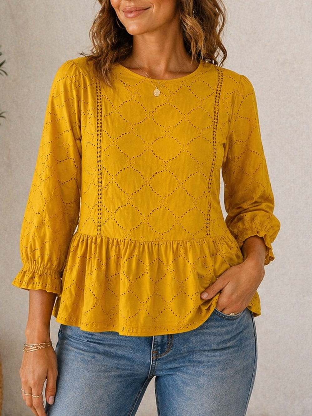 Given Kale Mustard Eyelet Cotton Peplum Blouse Top Size Medium